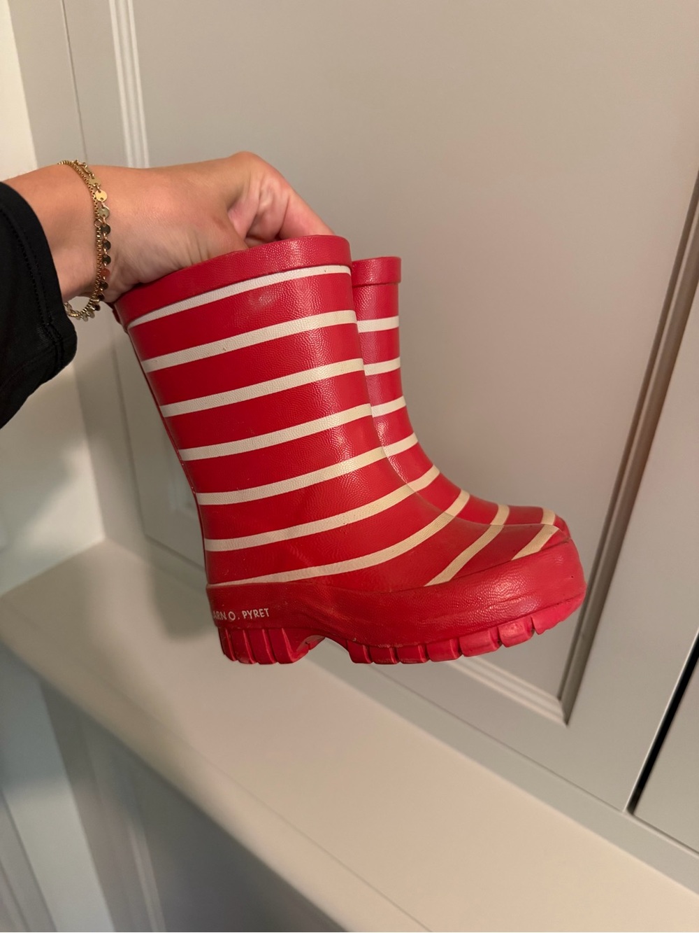 Polarn O. Pyret Red and Cream Striped Kids Rain Boots